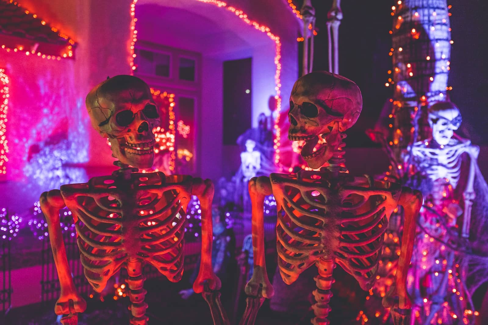 Halloween party with two skeleton decorations