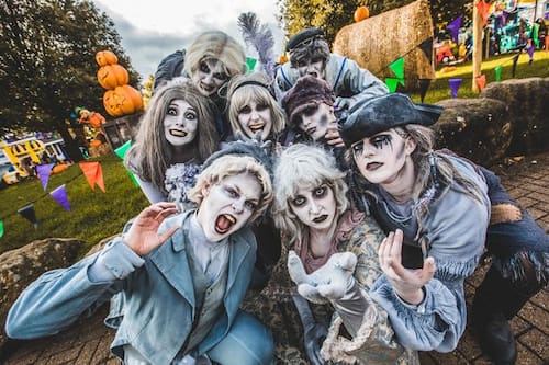 A group of scary fancy-dress actors at Scarefest, Alton Towers