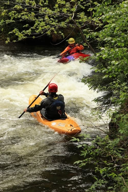Two friends are kayaking in the river.