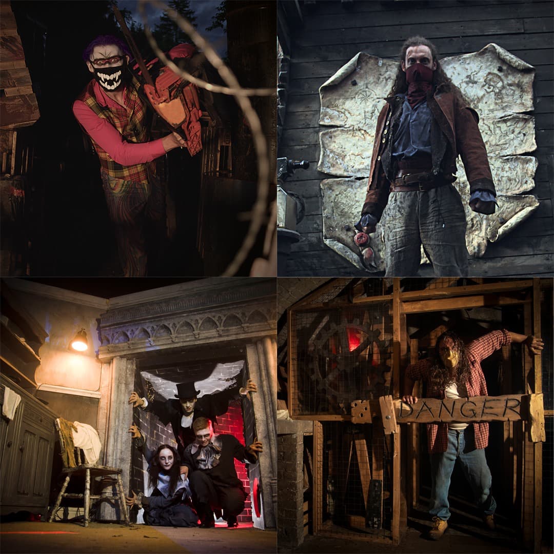 Actors in scary costumes posing with various props including a chainsaw