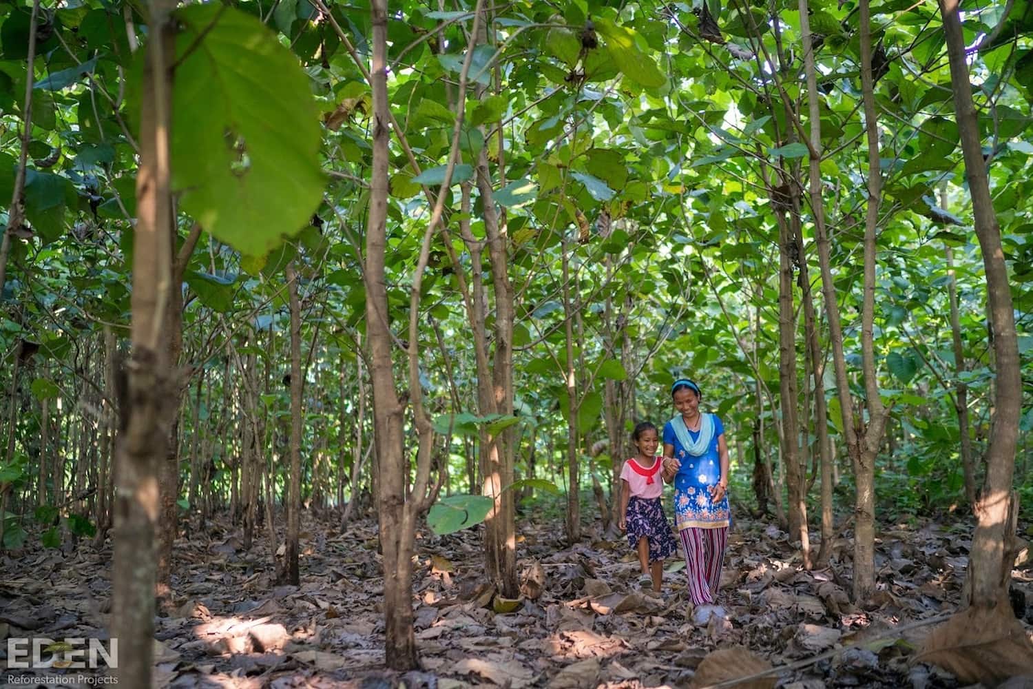 Mother and daughter walking through a forest