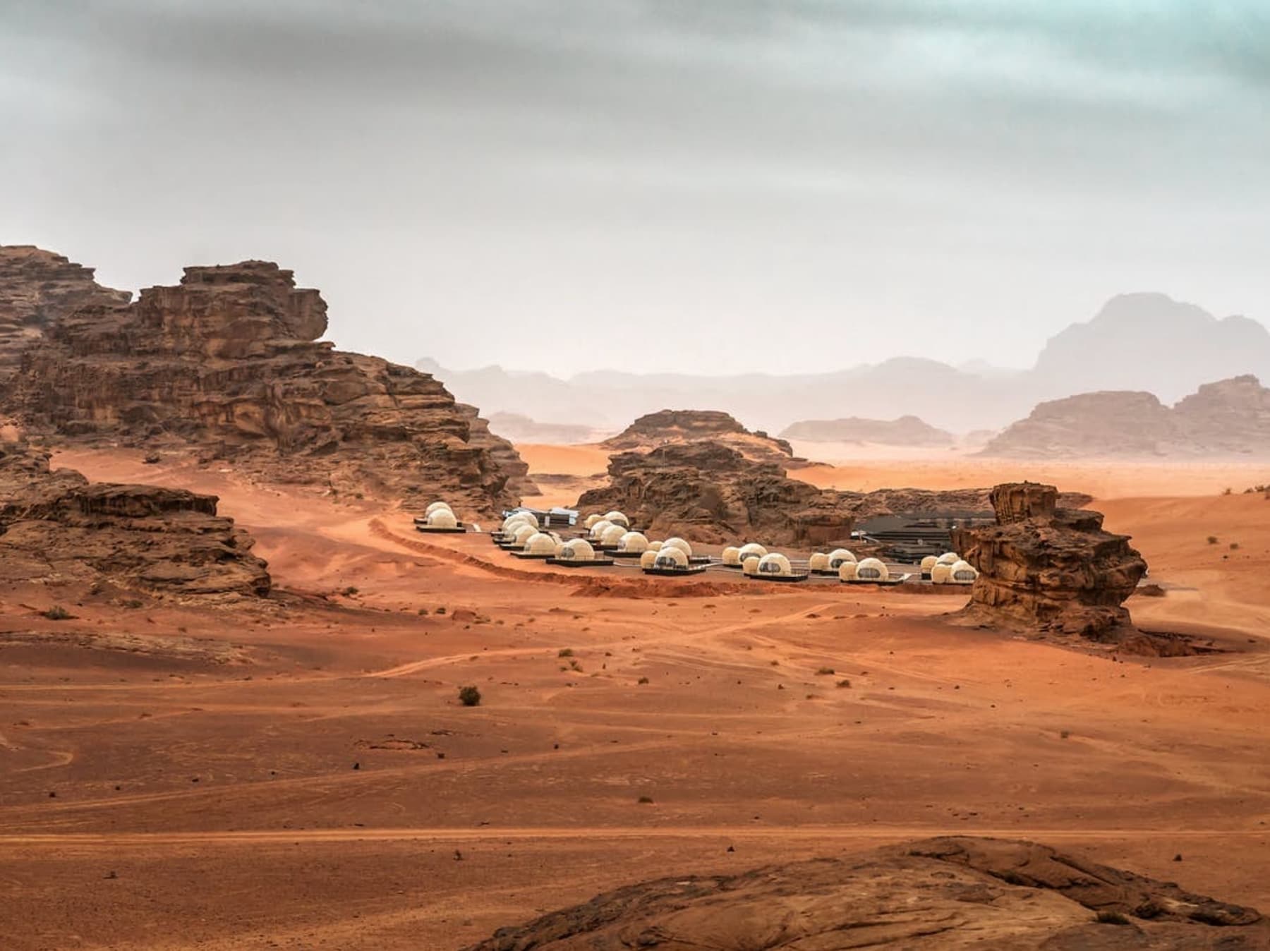 Martian Dome hotel in desert in Jordan
