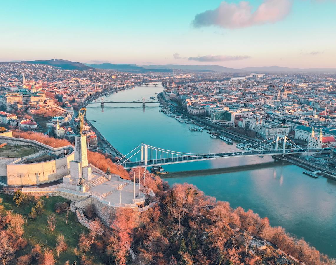 Arial shot of the Danube River flowing through Budapest