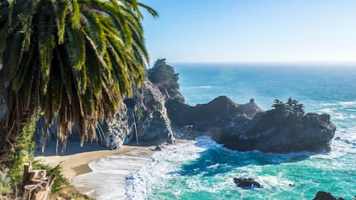 View of palm trees and rock cliffs over white sandy beach and blue waters of Barbados