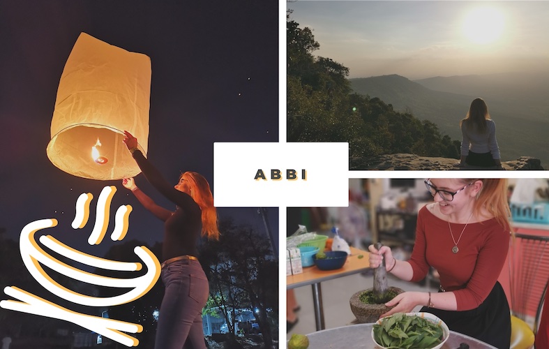 Abbi cooking some Asian food, Abbi watching the sunrise