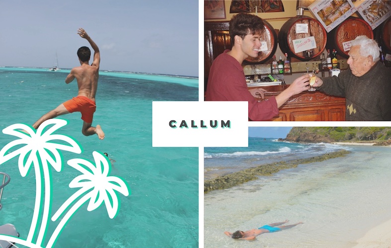 Callum relaxing on a beach and jumping into the ocean