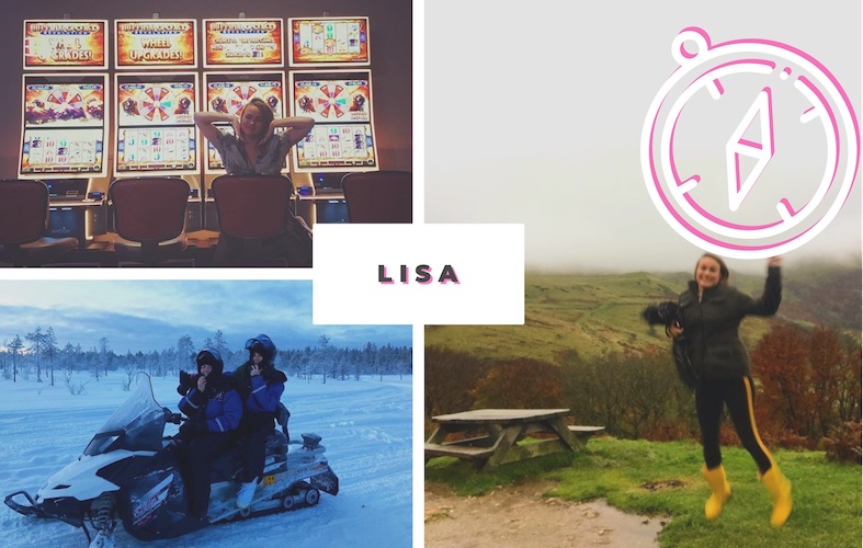 Lisa riding a snowmobile in Finland, Lisa jumping in the countryside