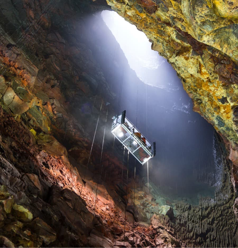 Lifting lowering down into volcano