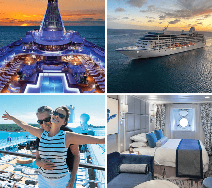 grid of images showing large decks of cruise ship at night and bedroom cabins on-board