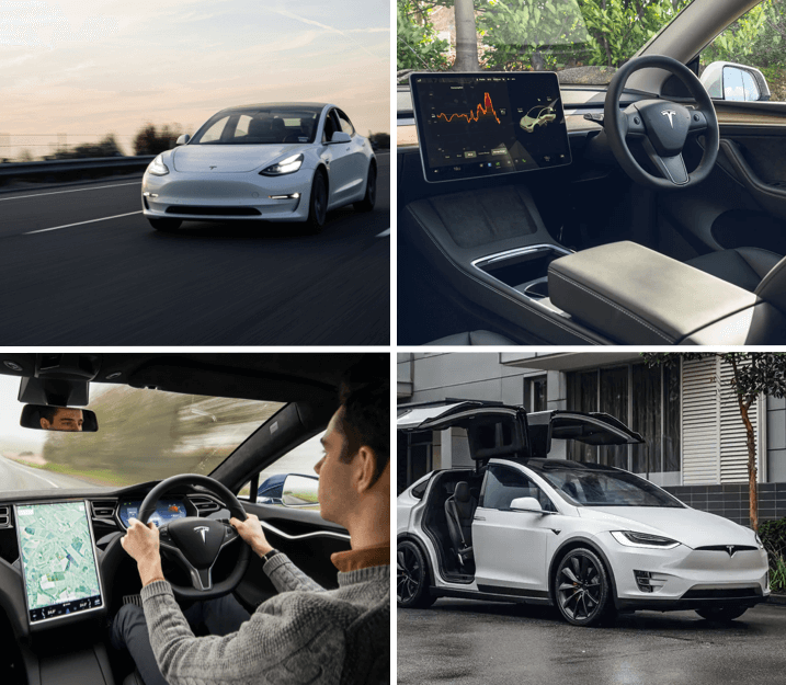 grid of images showing large touch-screen inside Tesla and falcon wing (vertically opening) doors
