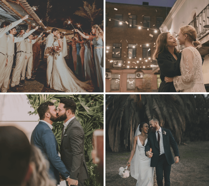 couple getting married surrounded by sparklers at night